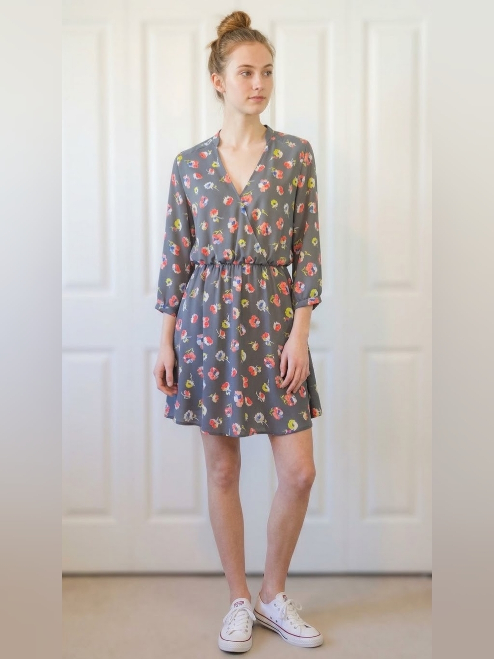 LUSH Floral Mini Dress in Gray. Size Small